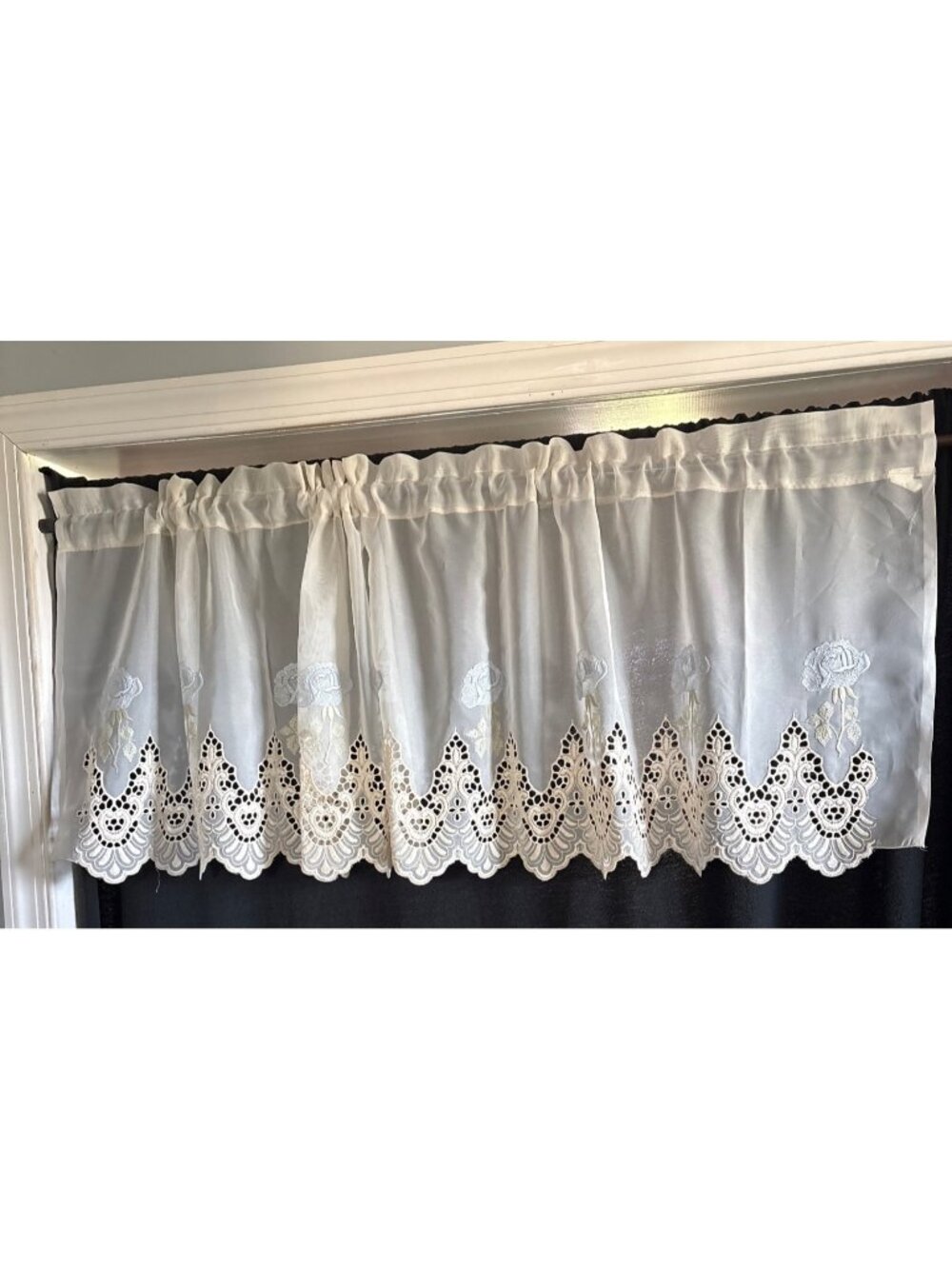 Sheer Cream Curtain Valance Floral Embroidery 58"Wx17"L Lace Rod Pocket Design